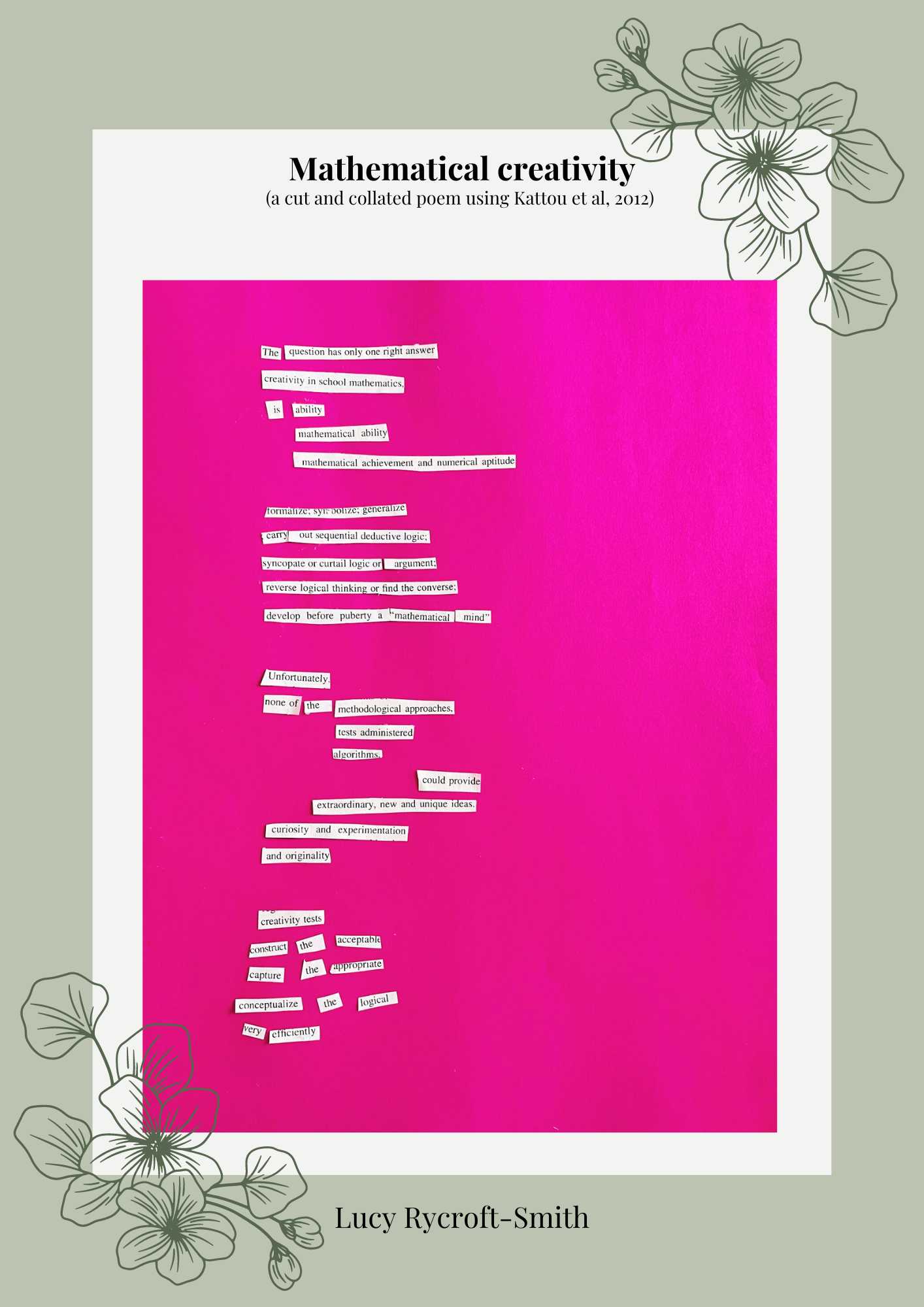 The poem 'Mathematical creativity' on a bright pink background with each line on cut-out bits of white paper with black text.