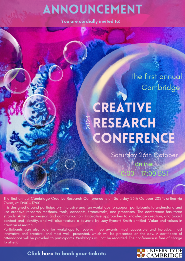 Poster for Creative Research Conference 2024, detailing the date, time and location (Zoom) of the conference. A paragraph gives details of the conference.